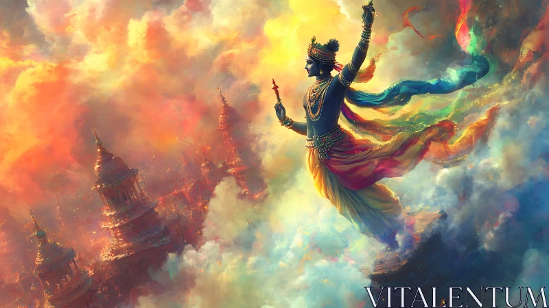 Figure in midair moves above temple spires within dense clouds