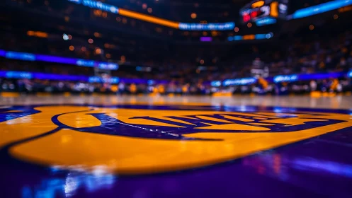Vibrant basketball court glows under arena lights before tipoff