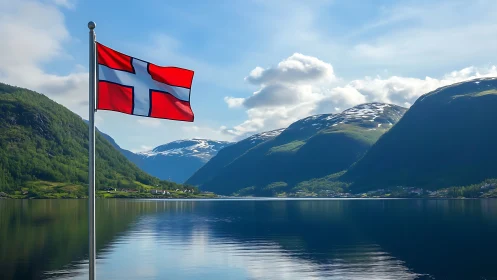 Norwegian flag waves calmly above a glassy fjord landscape