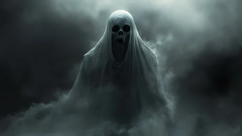 Spectral wraith entity in volumetric fog with skull visage