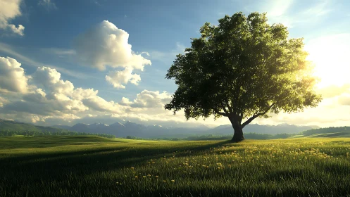 Golden sunlight gently embraces a lone tree in open fields