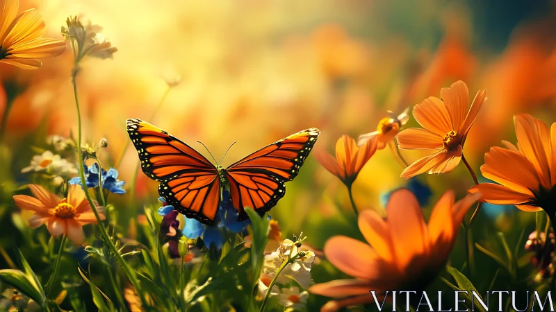 Monarch butterfly over orange wildflowers at golden hour.