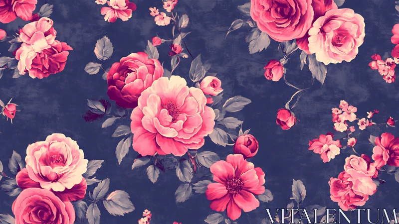 Pink peonies and garden roses on deep navy background with botanical foliage