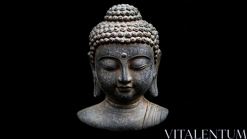 Serene stone Buddha bust against deep black void background.