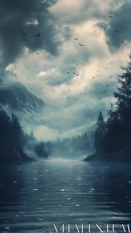 Mountain lake under dense clouds and distant bird flock.