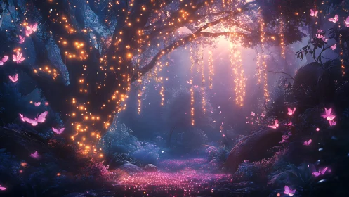 Illuminated forest path with glowing tree and butterflies.