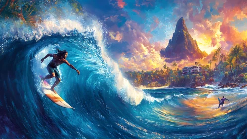 Surfer rides large blue wave near tropical coastline at sunset