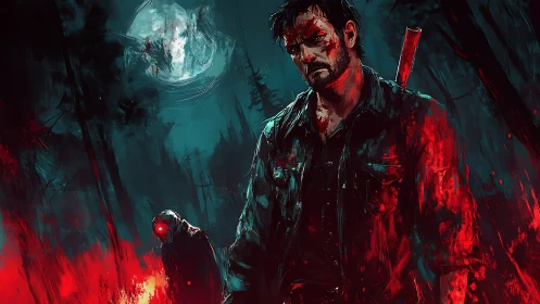 Moonlit survivor in blood-soaked haunted forest scene.