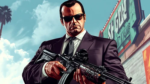 Suit-clad tactical gunman in stylized urban daylight standoff.