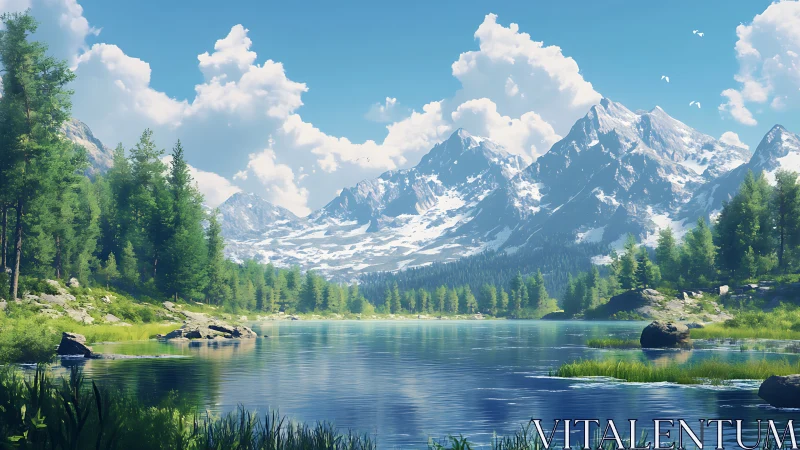 Snowcapped mountain lake reflects dense pine forest