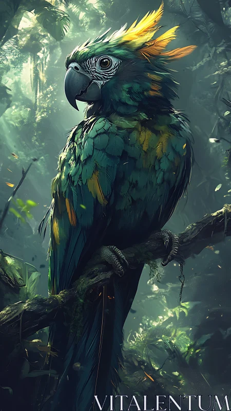 Digital portrait of green and yellow parrot in rainforest.