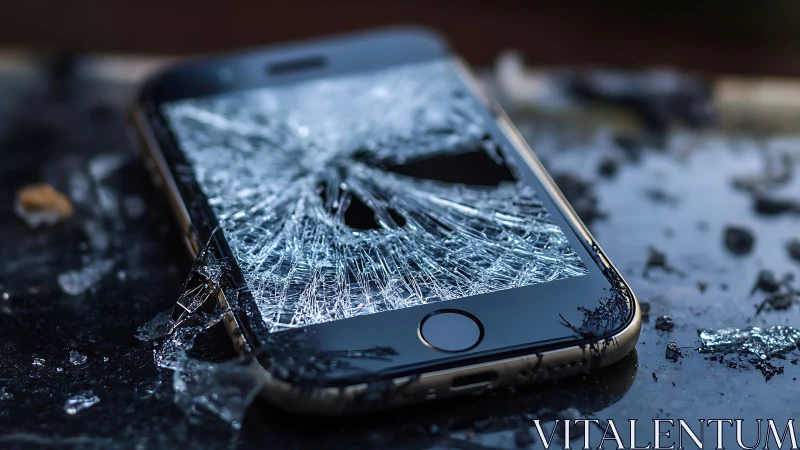 Shattered smartphone with radial impact fractures and scattered glass