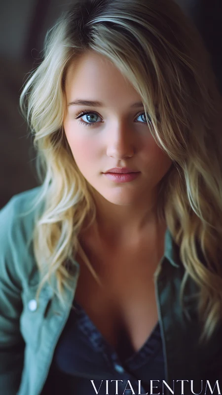 Soft-lit gaze of a golden-haired girl in quiet focus.