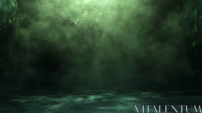 Dense green volumetric fog forms above a still reflective surface