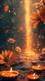 Sunlit petals whirl above ember-bright wishing candles.