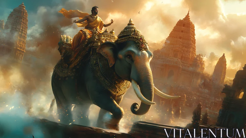 Sunlit war-elephant thunders through myth-drenched temple smoke