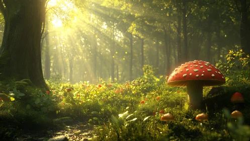 Enchanted Forest Path with Red Mushroom and Golden Sunlight.
