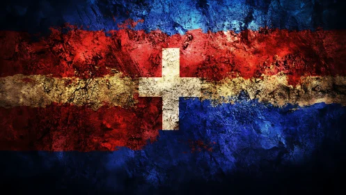 Abstract grunge flag with central white cross on textured field