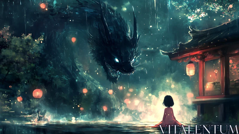 Stormlit dragon spirit over child at shrine in rain.