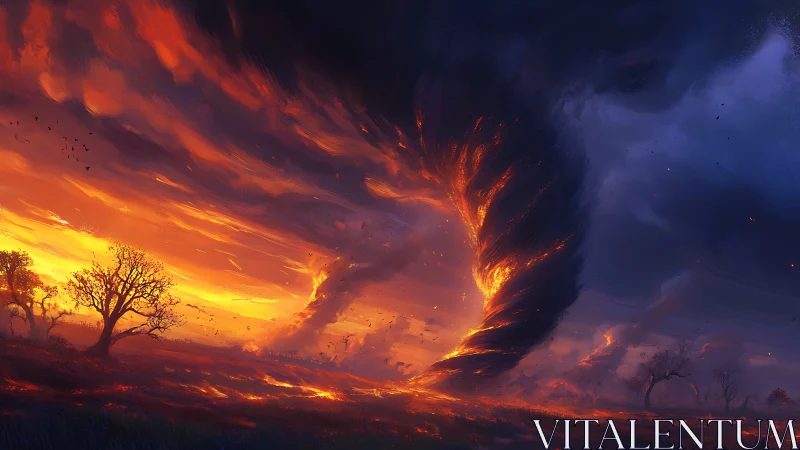 Massive tornado-shaped fire storm erupts across dark sky.