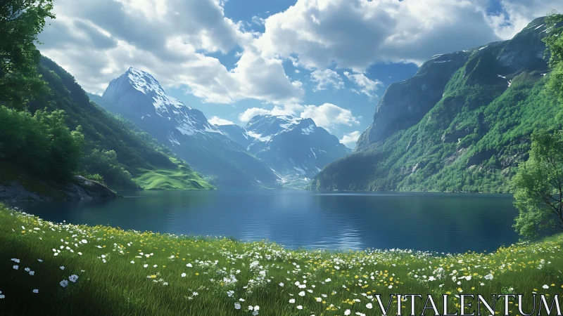 High dynamic range alpine lake vista with volumetric lighting