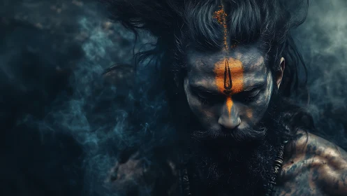 Man with orange forehead markings looks down in smoky dark