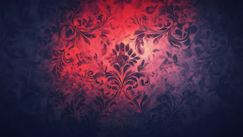 Ornate floral scrolls in glowing crimson vignette pattern.