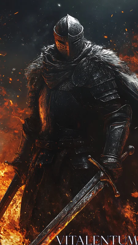 Armored knight stands amid rising flames holding two swords