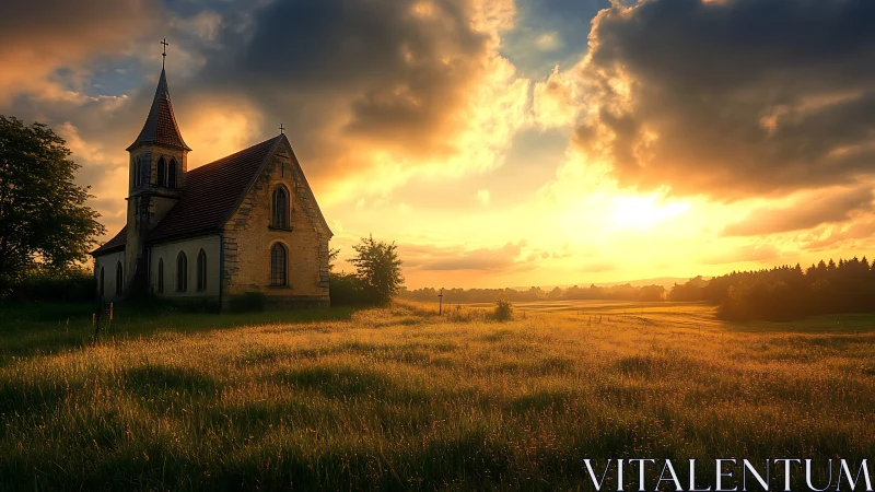 Rural stone church in golden sunset over open meadow.