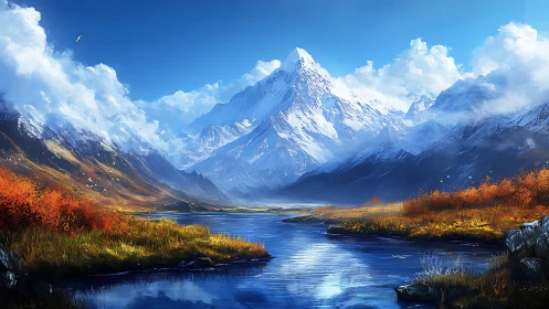 Snowy mountain range rises above river and autumn valley