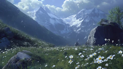 Snow-capped alpine range above sunlit wildflower meadow.