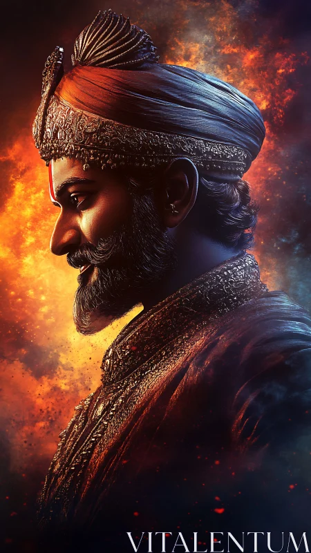 Profile portrait of armored monarch against volumetric fiery bokeh