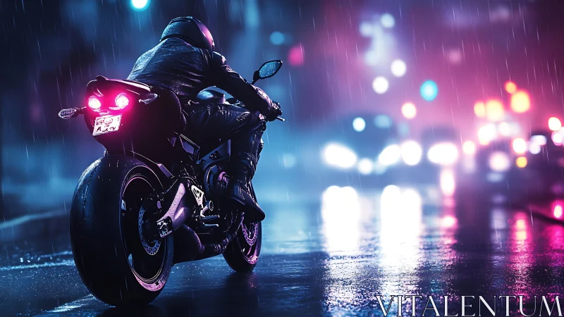 Neon-soaked night ride celebrates a lone biker in the rain