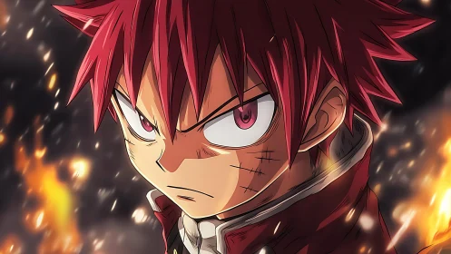 Red‑haired anime warrior amid blazing ember storm stare.
