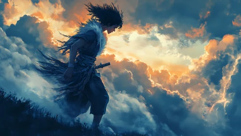 Lone warrior walking through clouds at sunset sky.