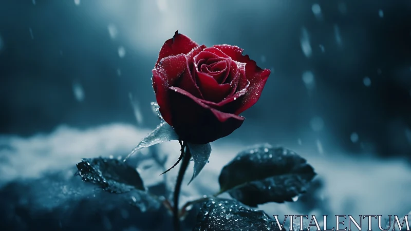 Solitary red rose illuminated in a cold cinematic snowfall