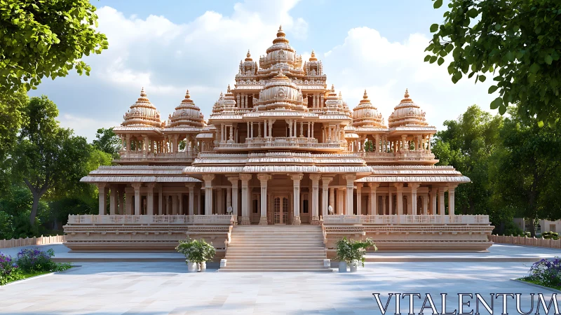 Symmetrical sandstone temple elevation under diffuse daylight.