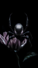 Cybernetic spider entity poised above dusky tulip bloom.