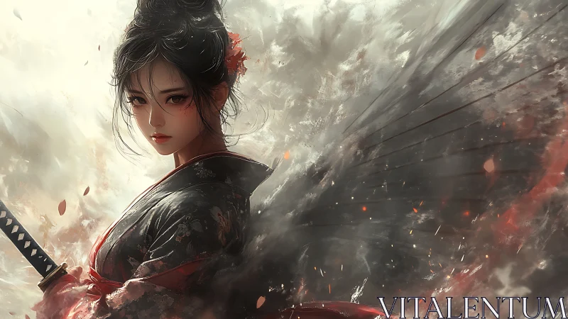 Stormlit samurai maiden with dark wings in swirling embers.