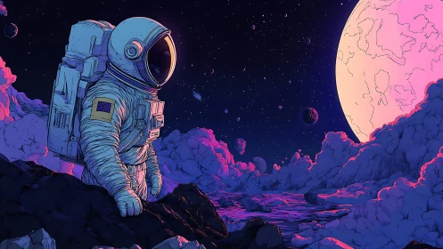 Astronaut surveys neon-lit alien landscape under vast moon.