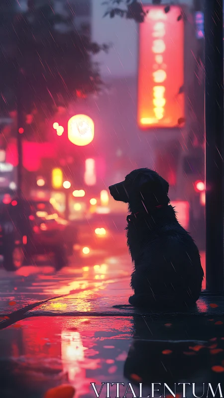 Neon-lit rainy city sidewalk with silhouetted dog profile study.
