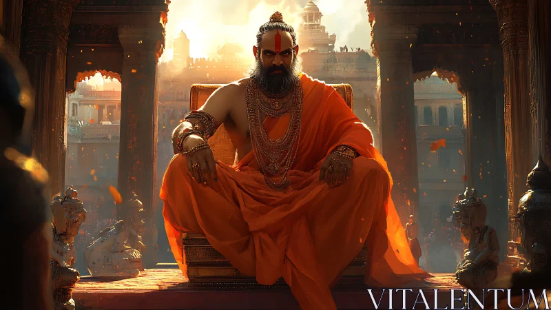 Regal ascetic leader in saffron robes on monumental temple throne
