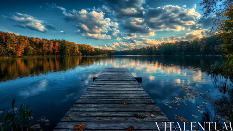 Quiet wooden pier kissing a mirrored autumn lake horizon.
