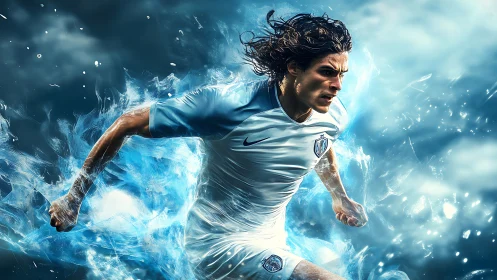 Explosive soccer runner charges forward in swirling blue energy