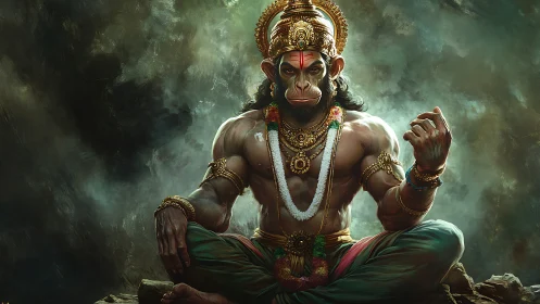 Stormlit monkey deity in meditative, warrior stillness poised.