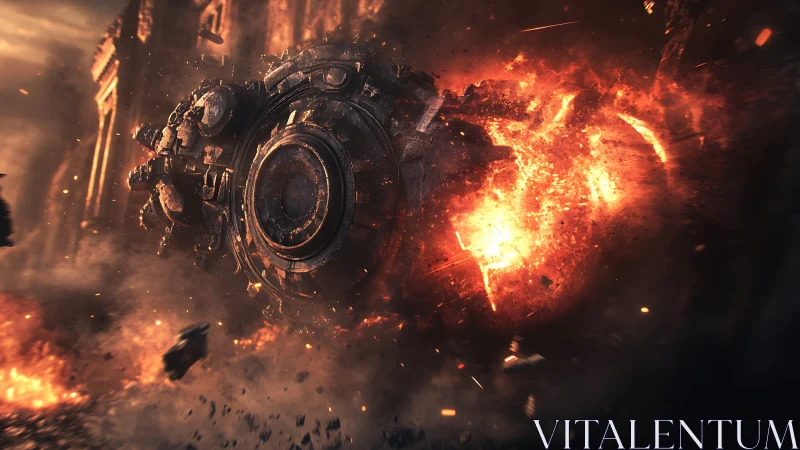 Orbiting war engine erupts in cathedral of cascading fire.
