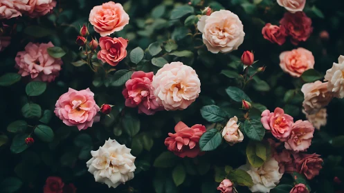 Lush Rose Garden with Blooming Flowers in Varied Coral and Cream Tones