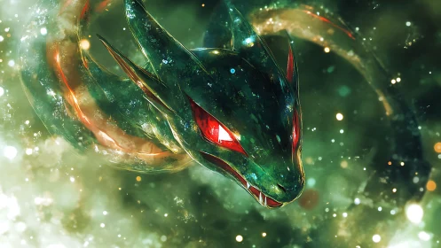 Emerald serpent dragon lunges through glowing cosmic mist