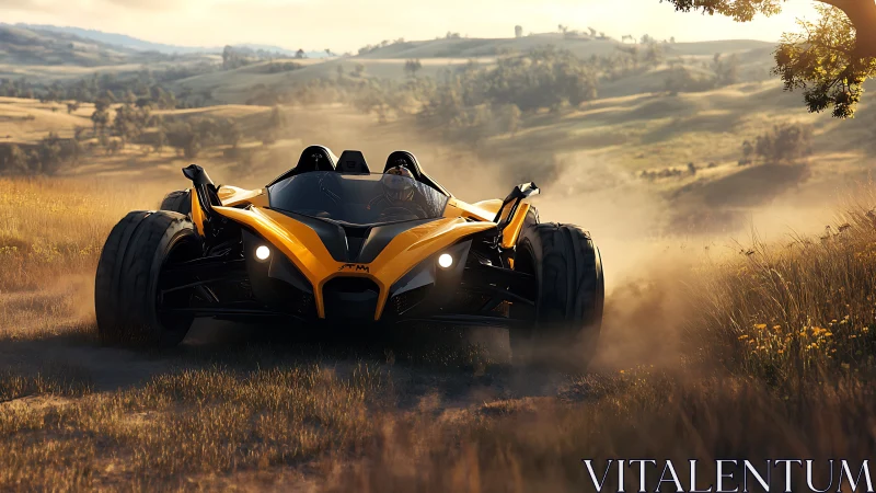 Wild off road racer charges through golden countryside dust