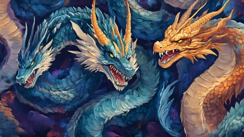 Tri-headed serpentine dragons with layered scales and glowing eyes